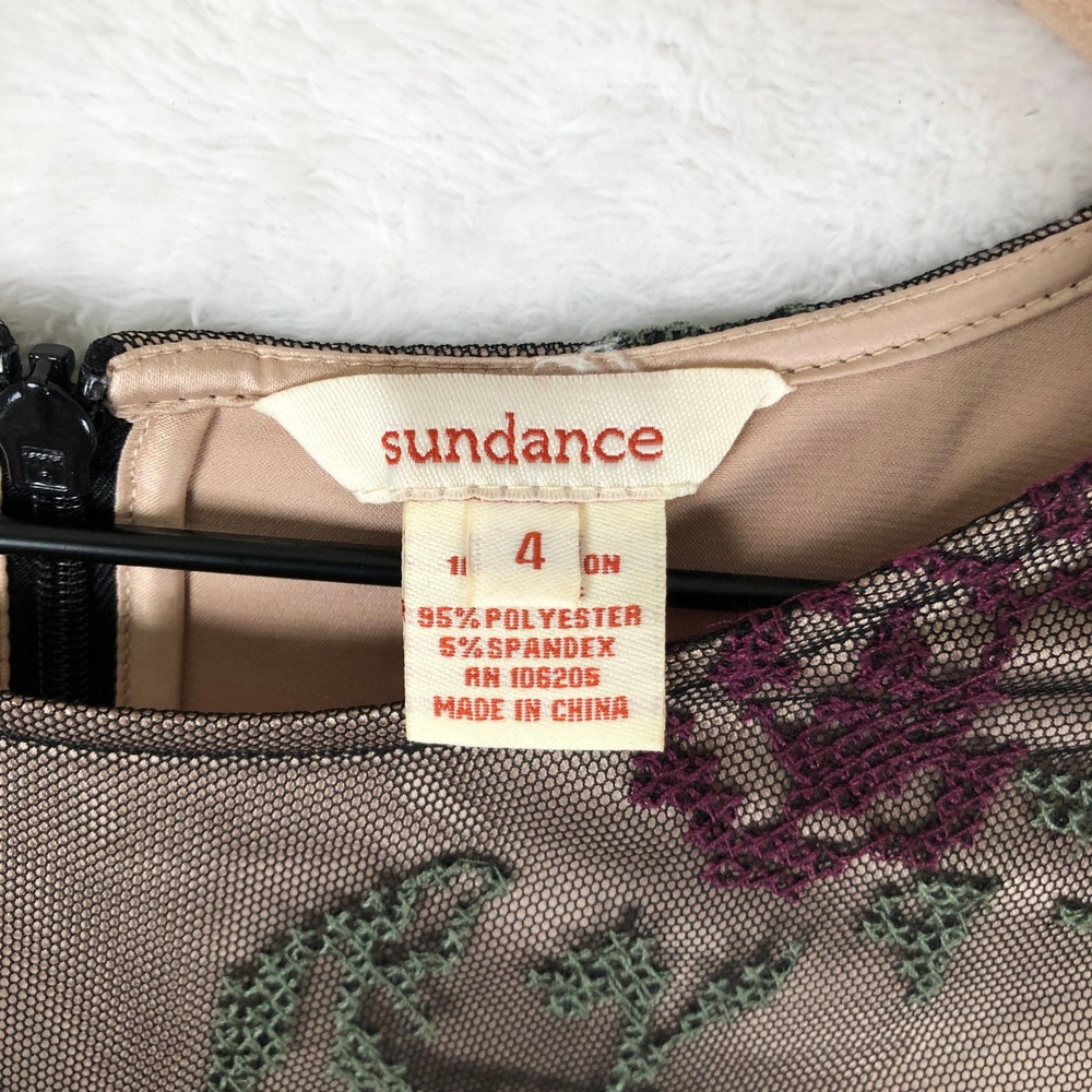 SUNDANCE Embroidered Mesh Fit Flare Midi Dress Sz 4 Tan Green Burgundy Floral - Picture 7 of 13